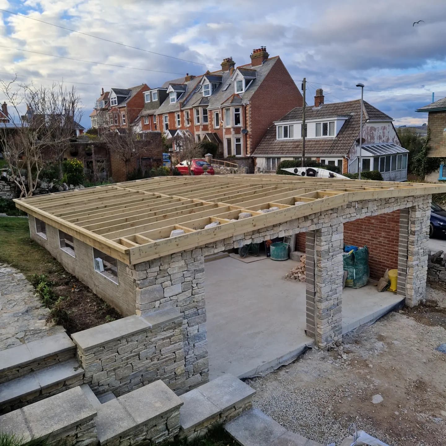 Purbeck stone garage with roof frame on